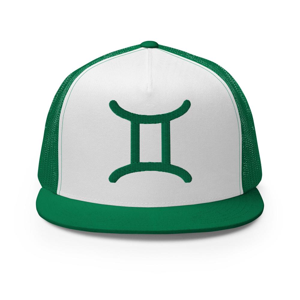 Gemini Zodiac Embroidered Flat Bill Trucker Hat - Green/White/Green Color - https://ascensionemporium.net